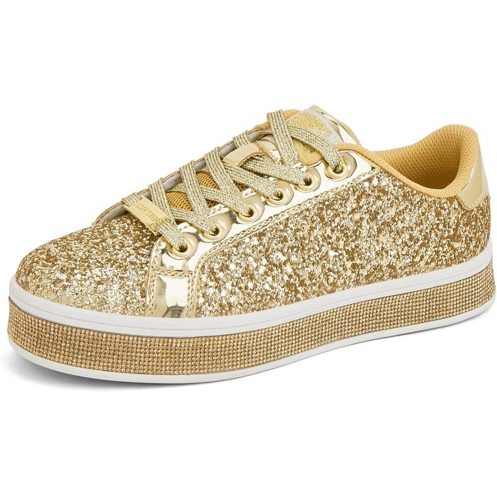 Lucky Step Women's Gold Platform Glitter Sneakers Sparkly Bling Shiny Dressy